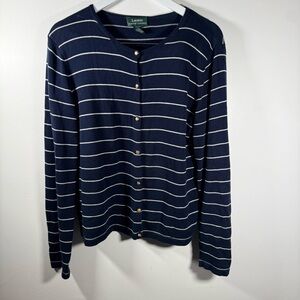 Lauren Ralph Lauren Navy Striped Cardigan Gold Crest Buttons Cotton Size Large